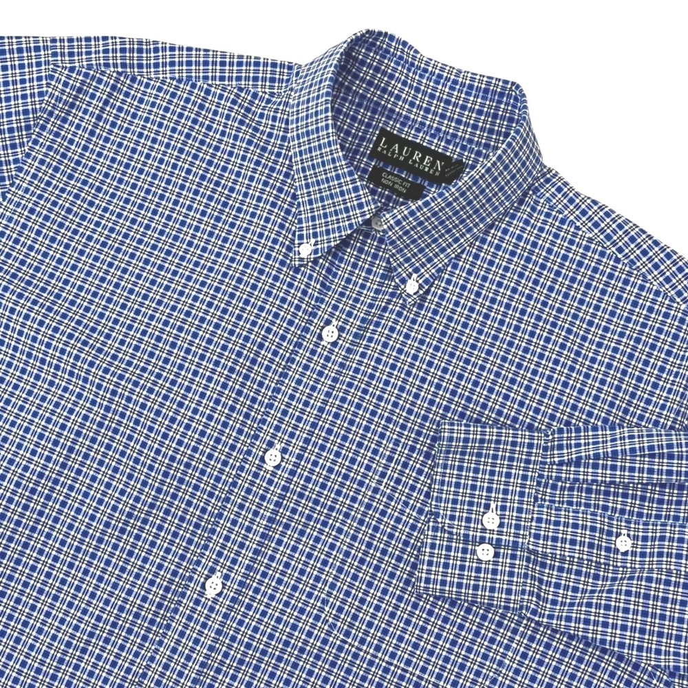 Lauren Ralph Lauren Mens Dress Shirt 17.5 34/35 Blue Plaid Classic Fit Non Iron